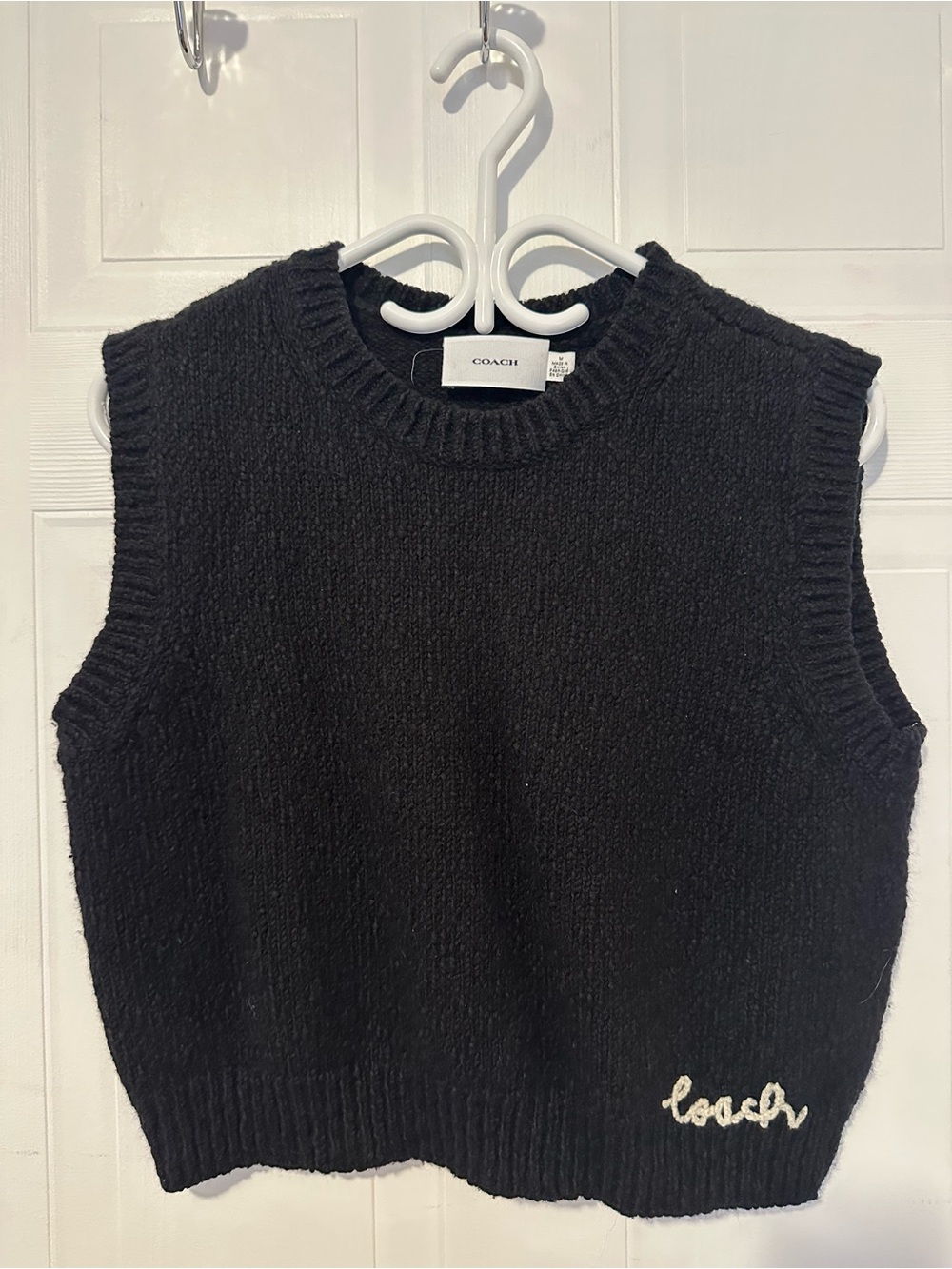Coach Black Knit Sleeveless V-Neck Vest with Script Logo
